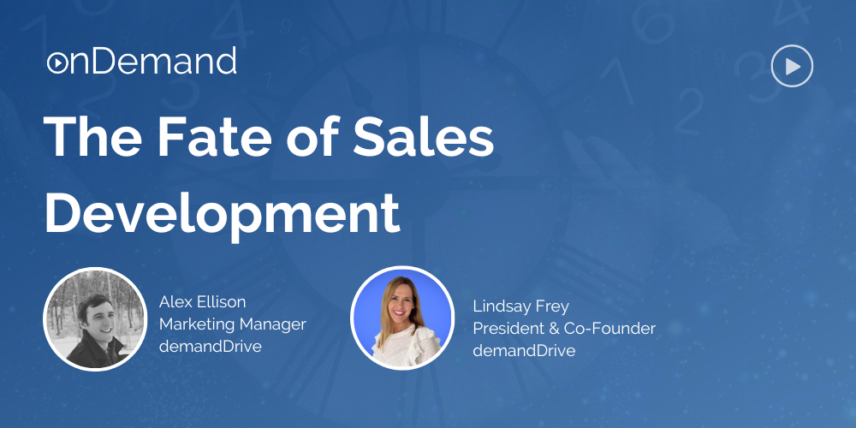 "Webinar banner for 'The Fate of Sales Development' featuring Alex Ellison and Lindsay Frey from demandDrive."