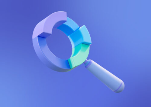 "3D magnifying glass icon with segmented circular arrows on a gradient blue background"