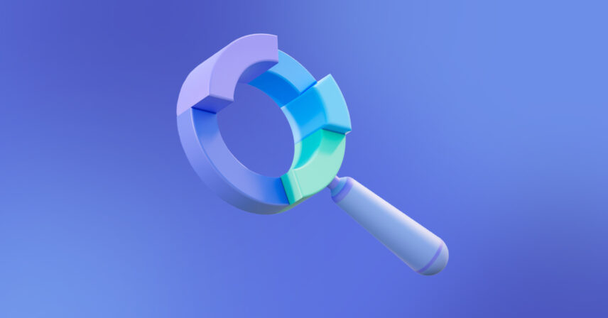"3D magnifying glass icon with segmented circular arrows on a gradient blue background"