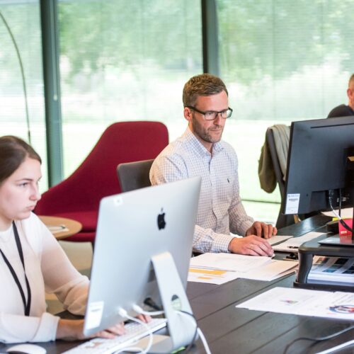 Employees working at computers in a modern office with large windows in the background.