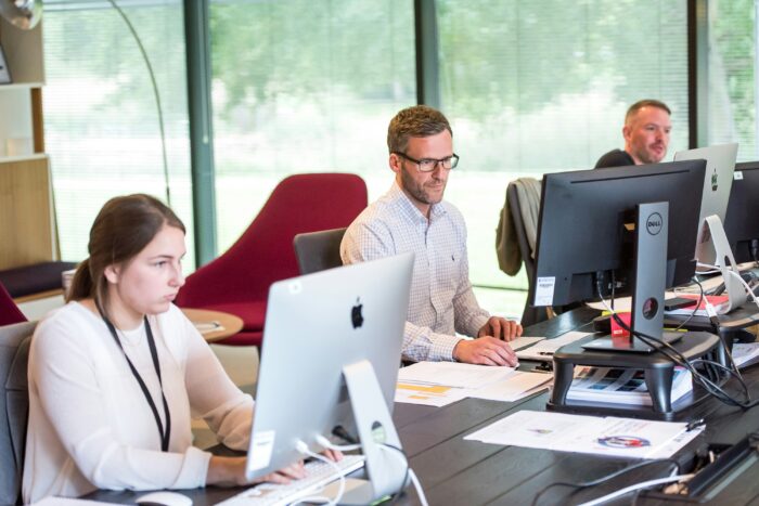 Employees working at computers in a modern office with large windows in the background.
