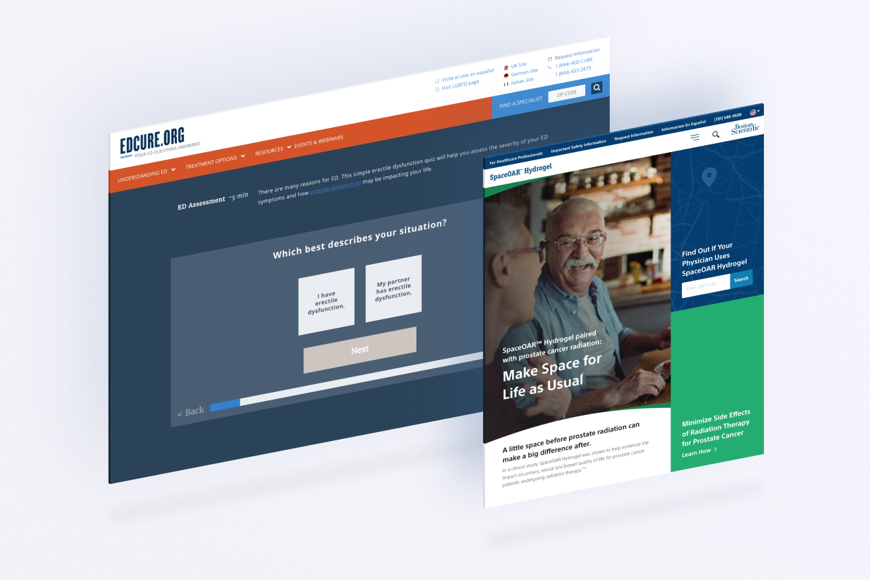 Two overlapping web pages showing a questionnaire on erectile dysfunction and promotional content for treatment options.