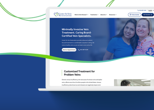 "Website homepage of the Center for Vein Restoration showing specialists and treatment information."