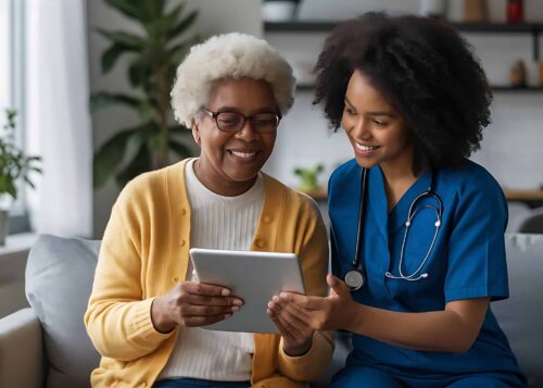 Elderly woman with grey hair and yellow sweater using a tablet with a young nurse in blue scrubs sitting next to her on a couch.