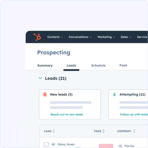 Screenshot of a CRM software interface showing prospecting, leads, schedule, and feed tabs with various lead statuses.