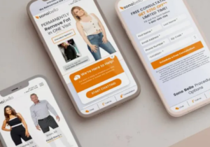 Three smartphones displaying the Sono Bello website, showcasing fat removal services, consultations, and customer testimonials.