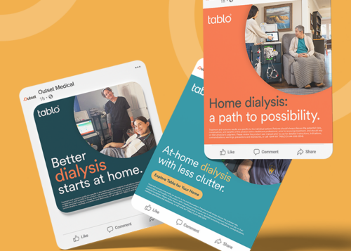 Three informational cards about at-home dialysis options from Outset Medical focussing on different benefits of the Tablo dialysis system.