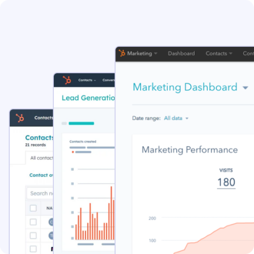 Marketing dashboard showing lead generation statistics, contact details, and marketing performance with various data points.