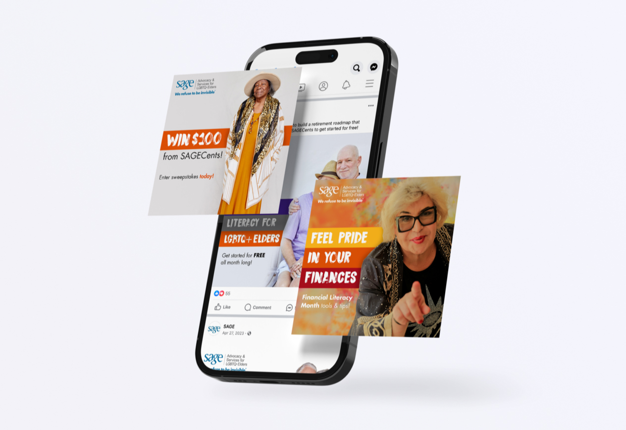 Smartphone displaying SAGE social media posts featuring financial literacy for LGBTQ+ elders and promoting financial inclusion.