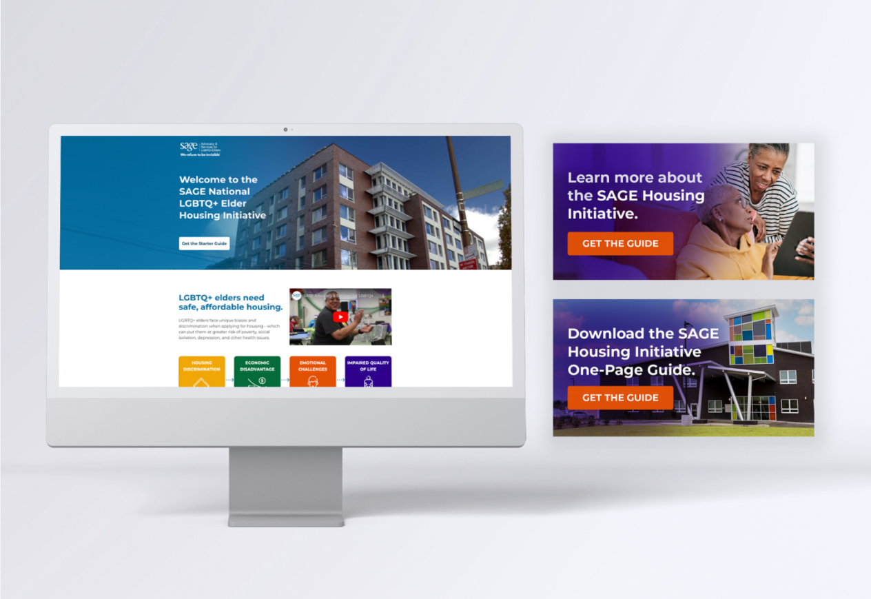 Computer display shows SAGE initiative website for LGBTQ+ elder housing with additional promotional banners on the screen.