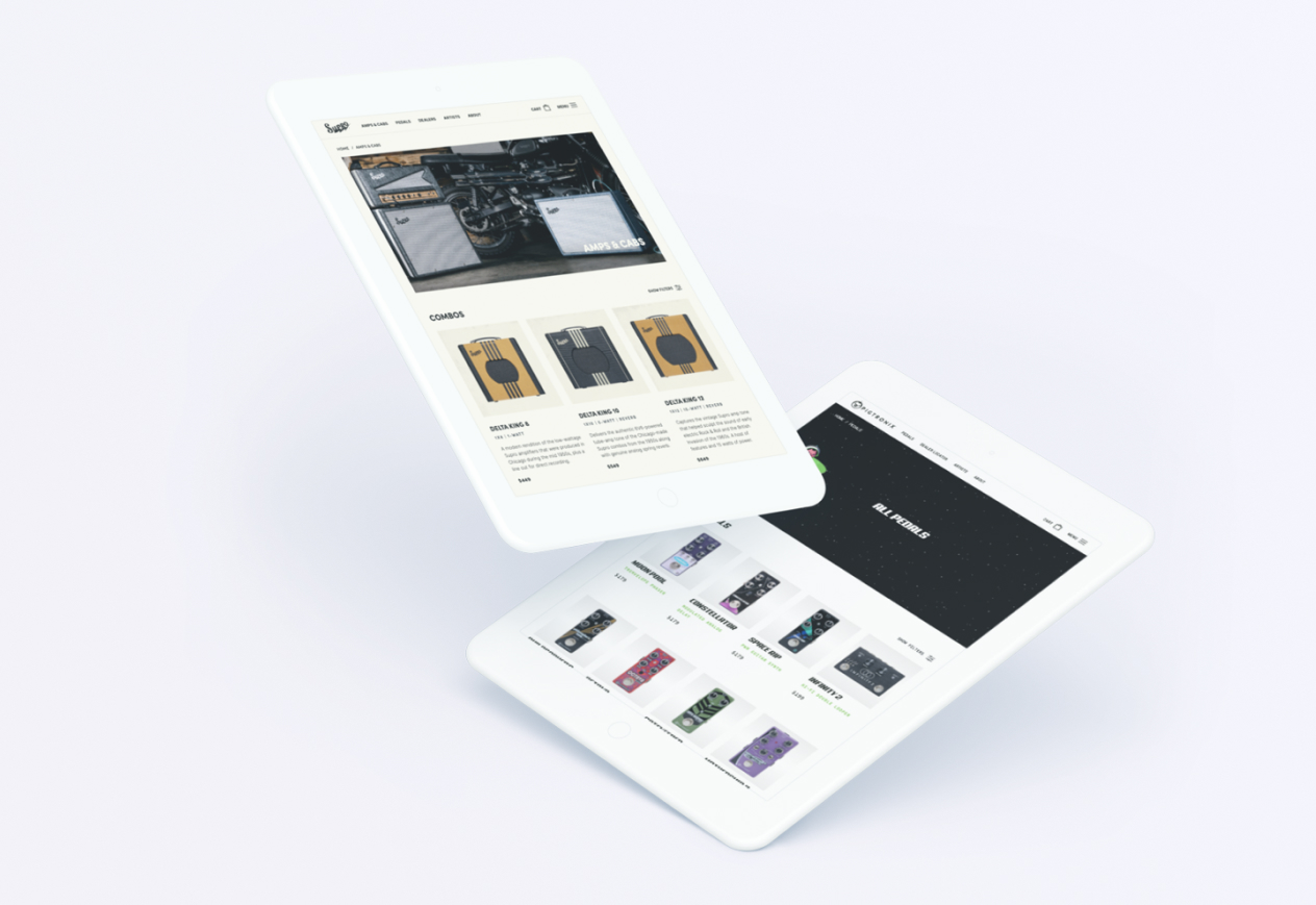 Two white tablets displaying a website layout with various product images and descriptions on a white background.