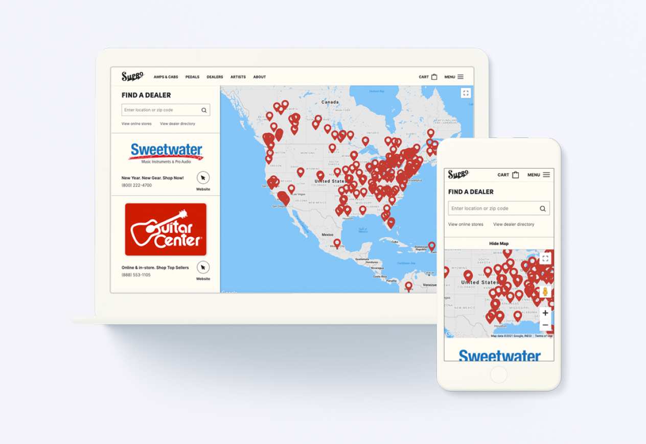 Laptop and smartphone displaying a dealer locator map with various store locations across North America for Sweetwater and Guitar Center