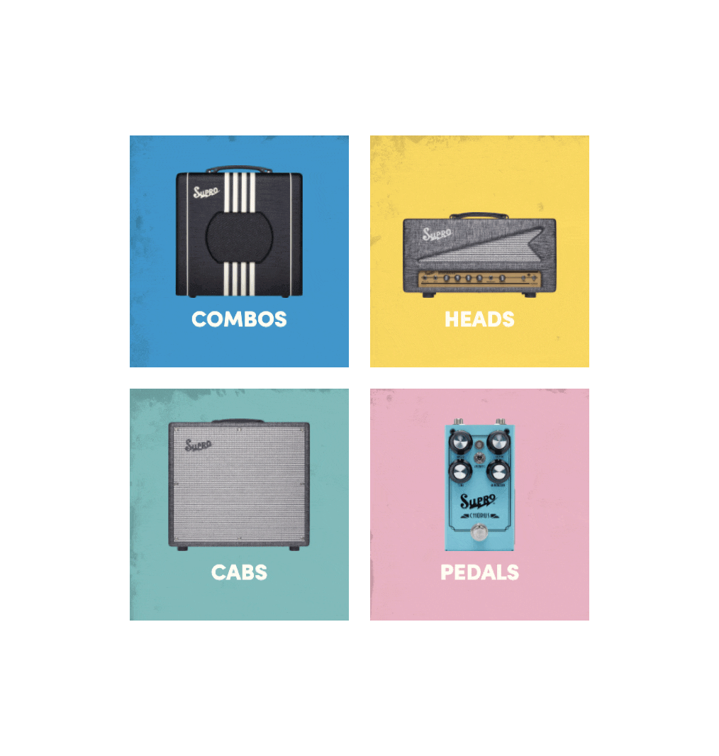 Grid of four images featuring various guitar equipment: combos, heads, cabs, and pedals by Supro.