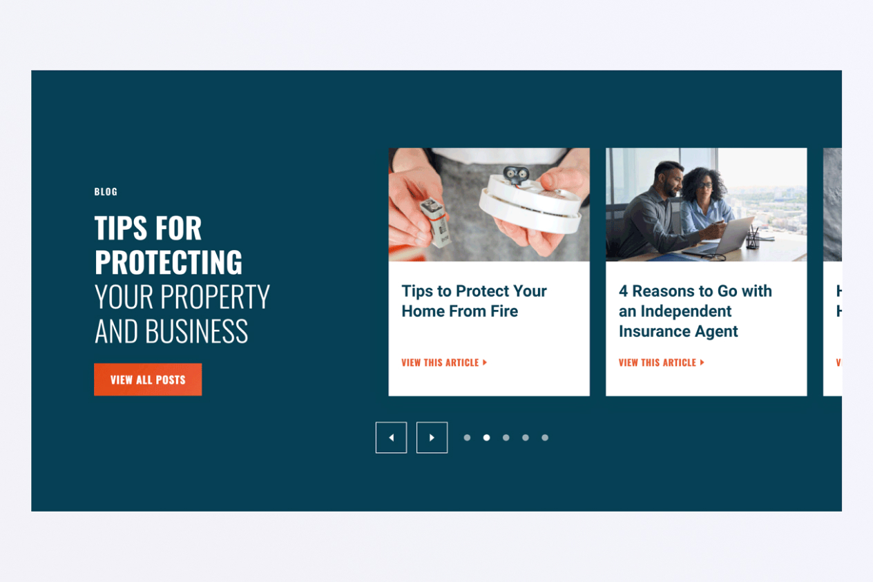 Blog section with tips for protecting property and business, including articles on fire safety and the importance of insurance agents.