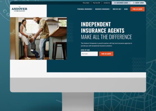 "Family talking to insurance agent in a living room, promoting independent insurance services by Andover Companies."
