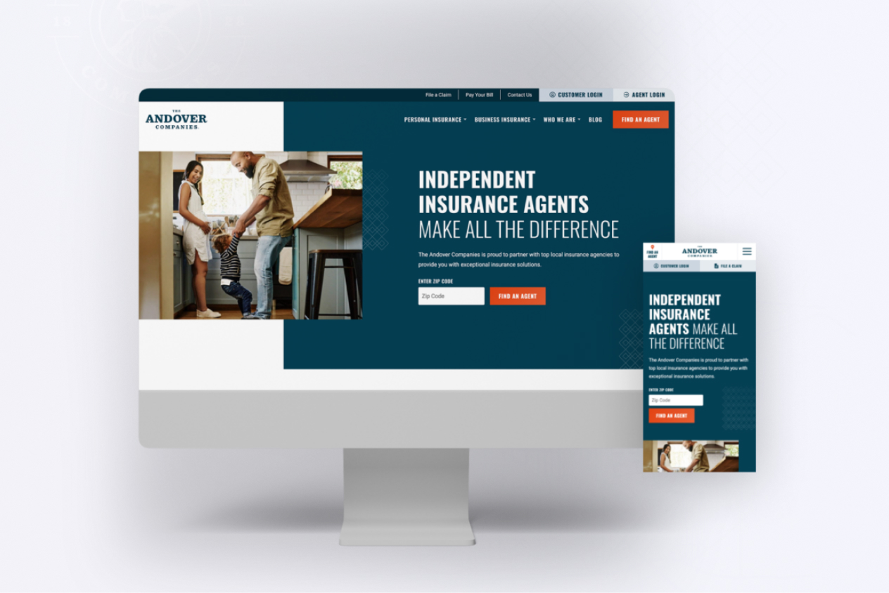 Andover Companies website displayed on both desktop and mobile showcasing independent insurance agents.