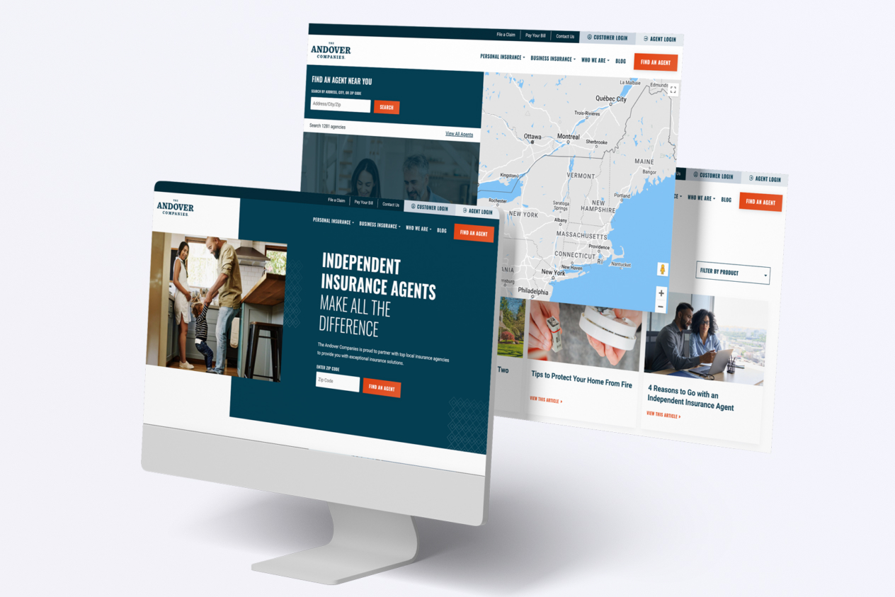 Computer screen displaying the Andover Insurance website featuring independent agents, a map, and various insurance resources