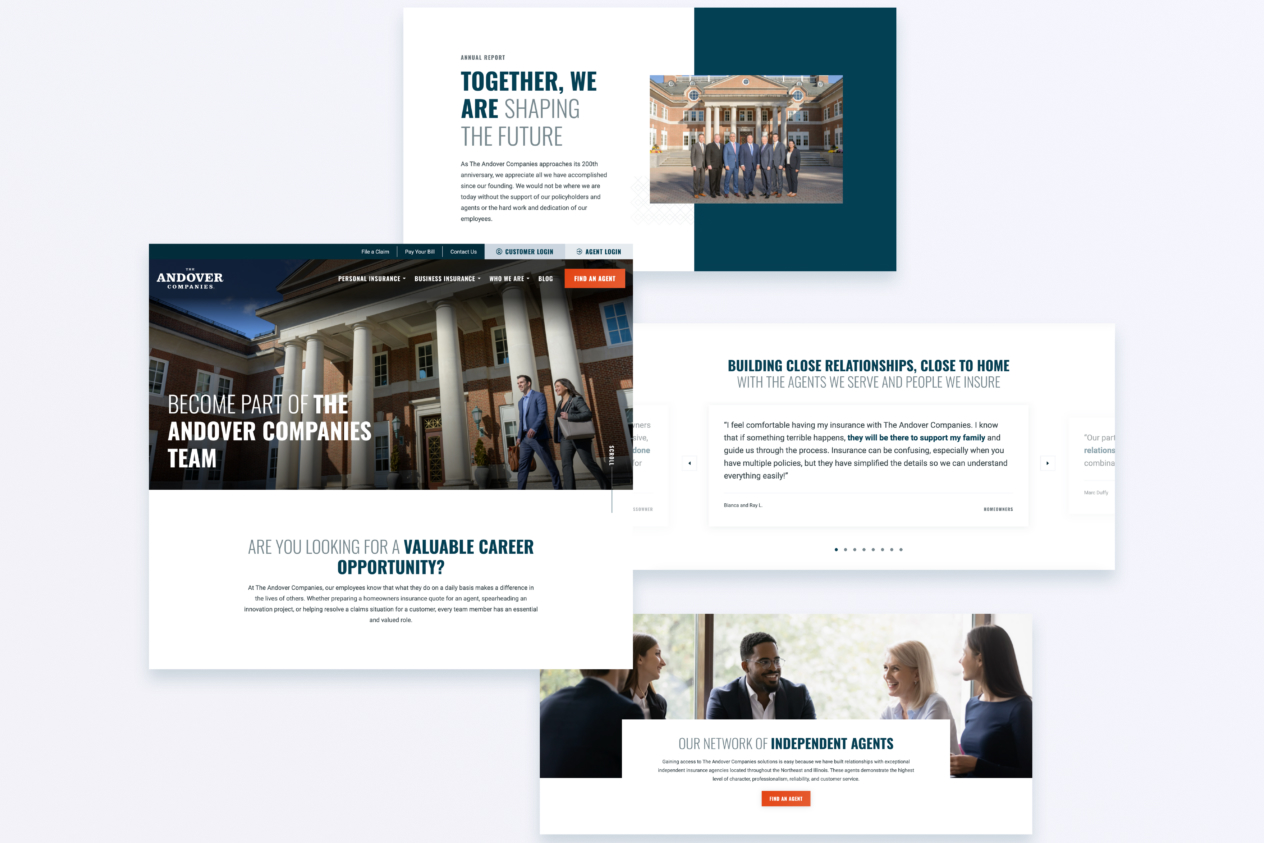 Andover Companies career page, highlighting team culture, career opportunities, and the network of independent agents.