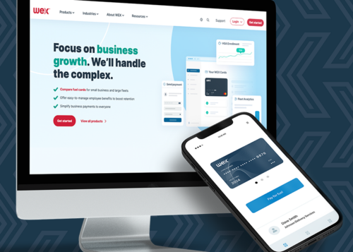 "Desktop and smartphone displaying business growth and payment solutions on WEX website."