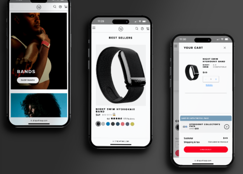 Three smartphones displaying an online store's webpage selling fitness bands and accessories with options to add to cart.