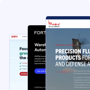 Three overlapping website screenshots showcasing various product and company descriptions against a light background.