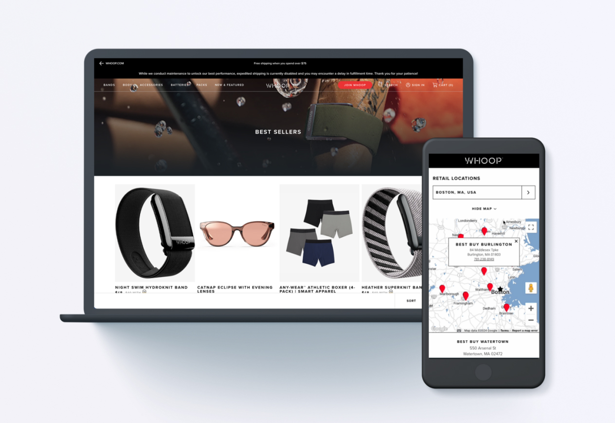 Laptop displaying an e-commerce website for fitness tools and accessories next to a mobile phone showing retail locations on a map