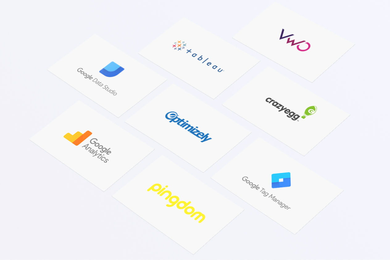 Logos of various digital analytics and optimization tools including Google Analytics, Tableau, VWO, Optimizely, and Crazy Egg.