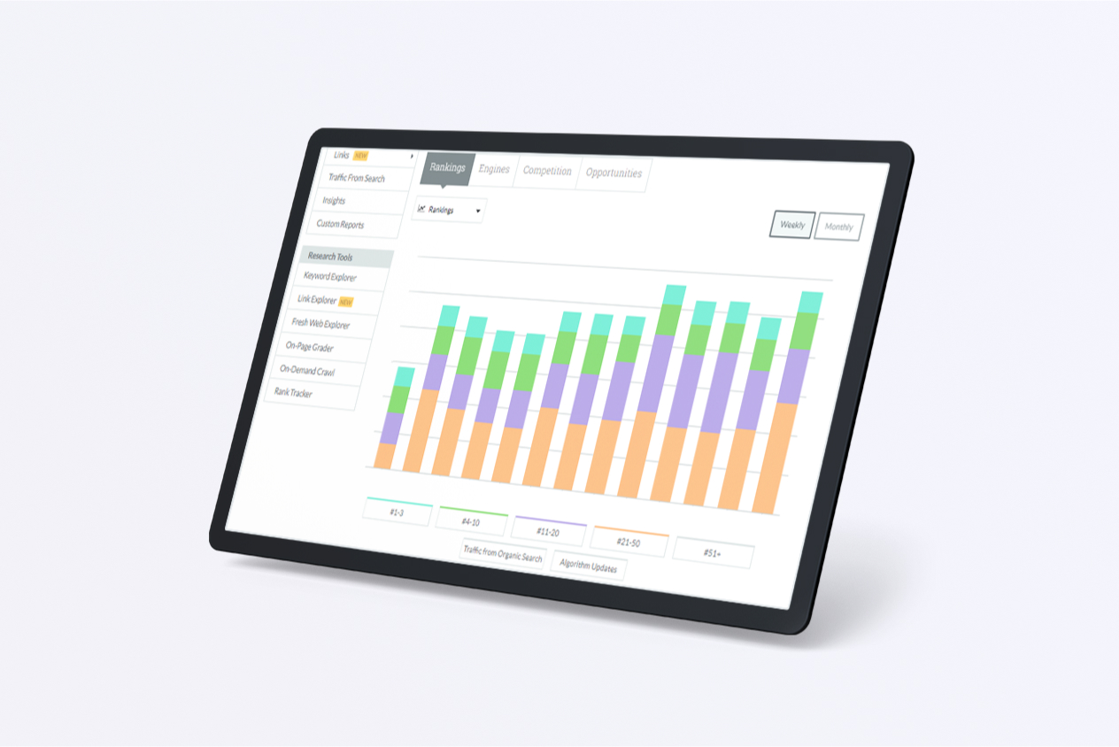 Tablet displaying a colorful bar chart with data comparisons in a business analytics application on a white background