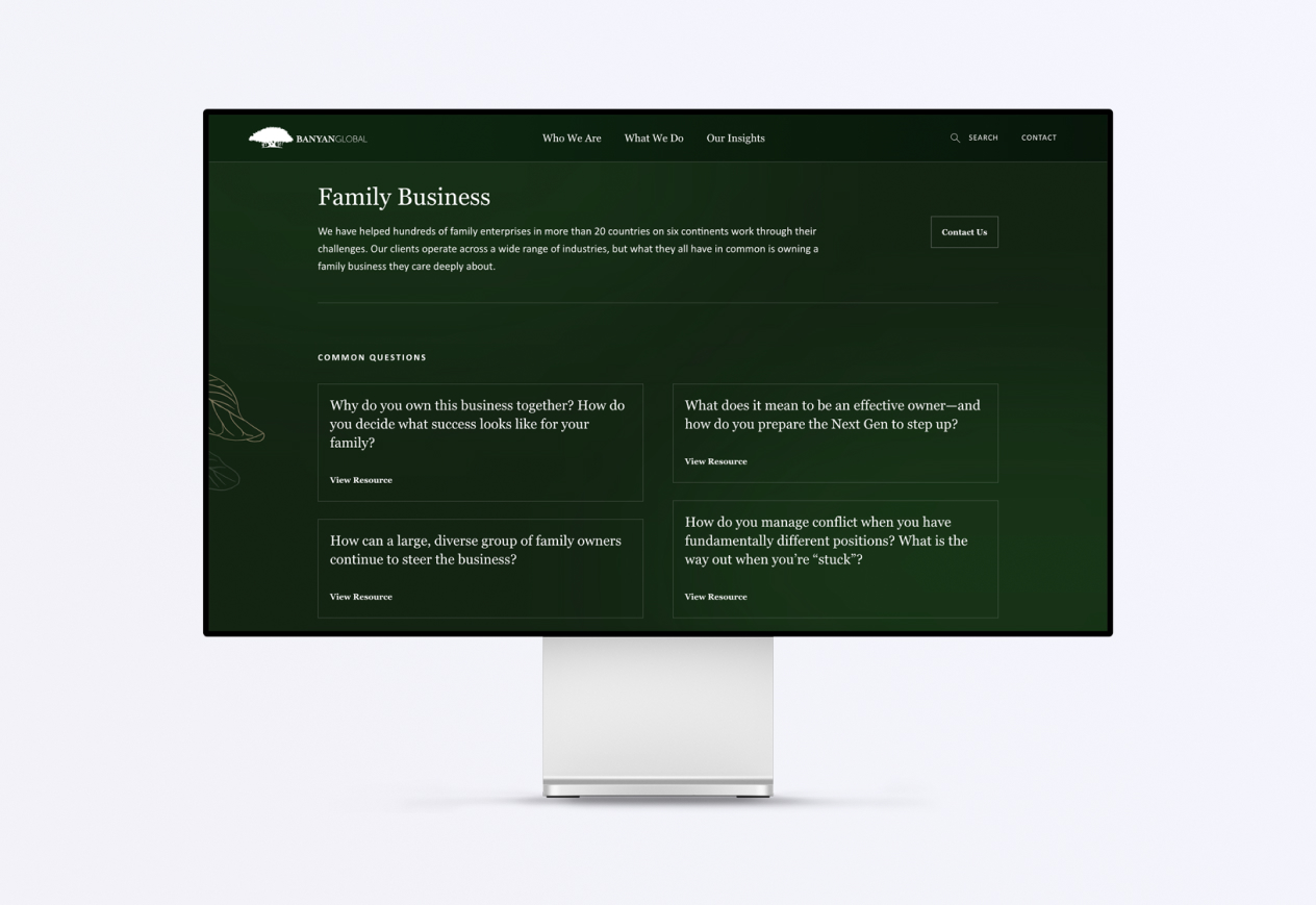 Family Business webpage discussing managing family enterprises with common questions and insights displayed on a computer monitor.