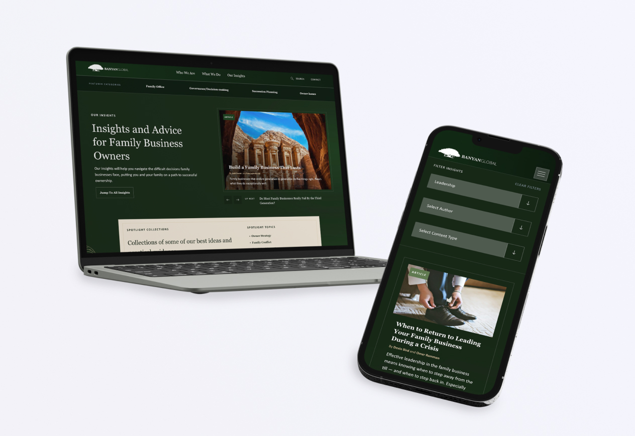 Laptop and smartphone displaying a website for family businesses with a professional design and informative content.