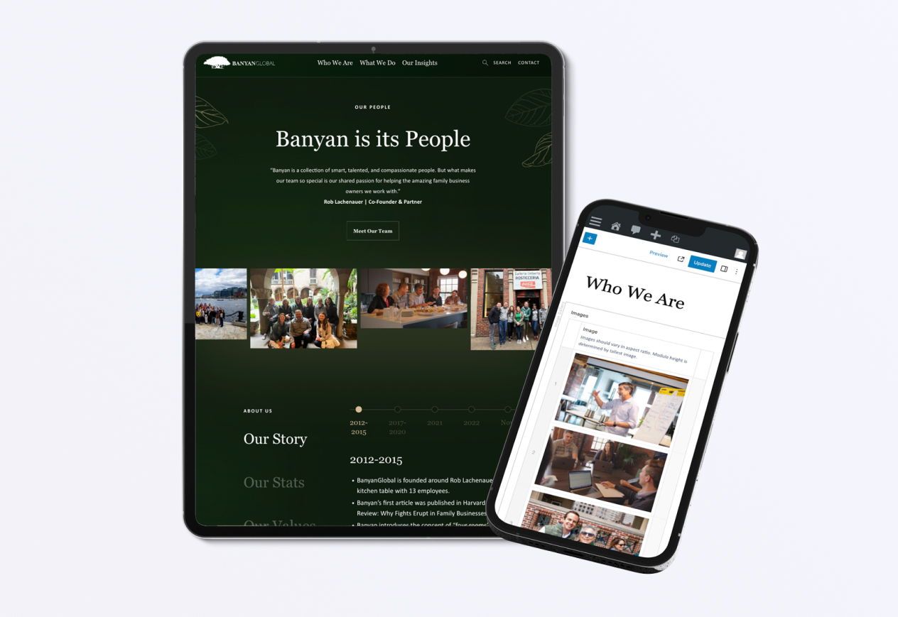 Tablet and smartphone displaying team and company information on the "Who We Are" page.