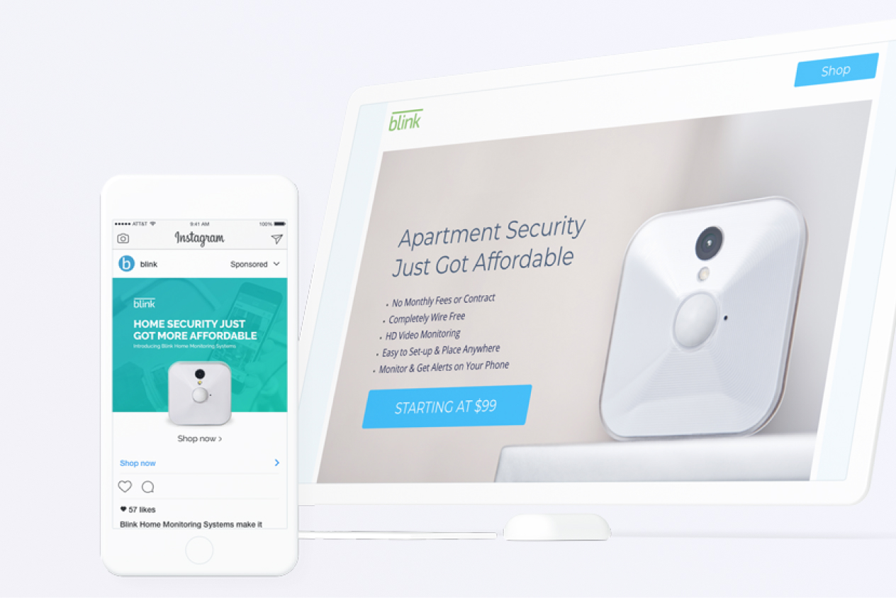 Smartphone and computer screen displaying an advertisement for affordable apartment security system starting at .
