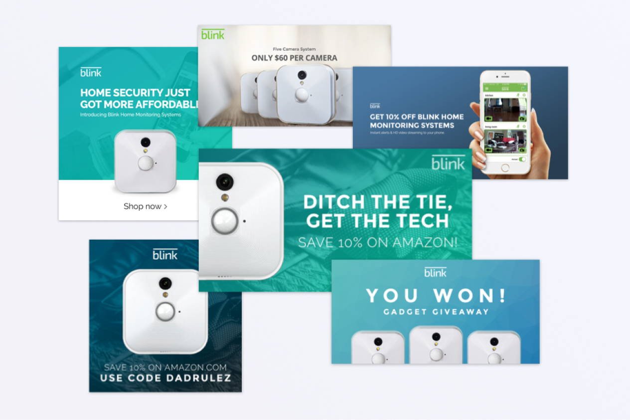 Collage of Blink home security system advertisements and promotions for discounts and giveaways.