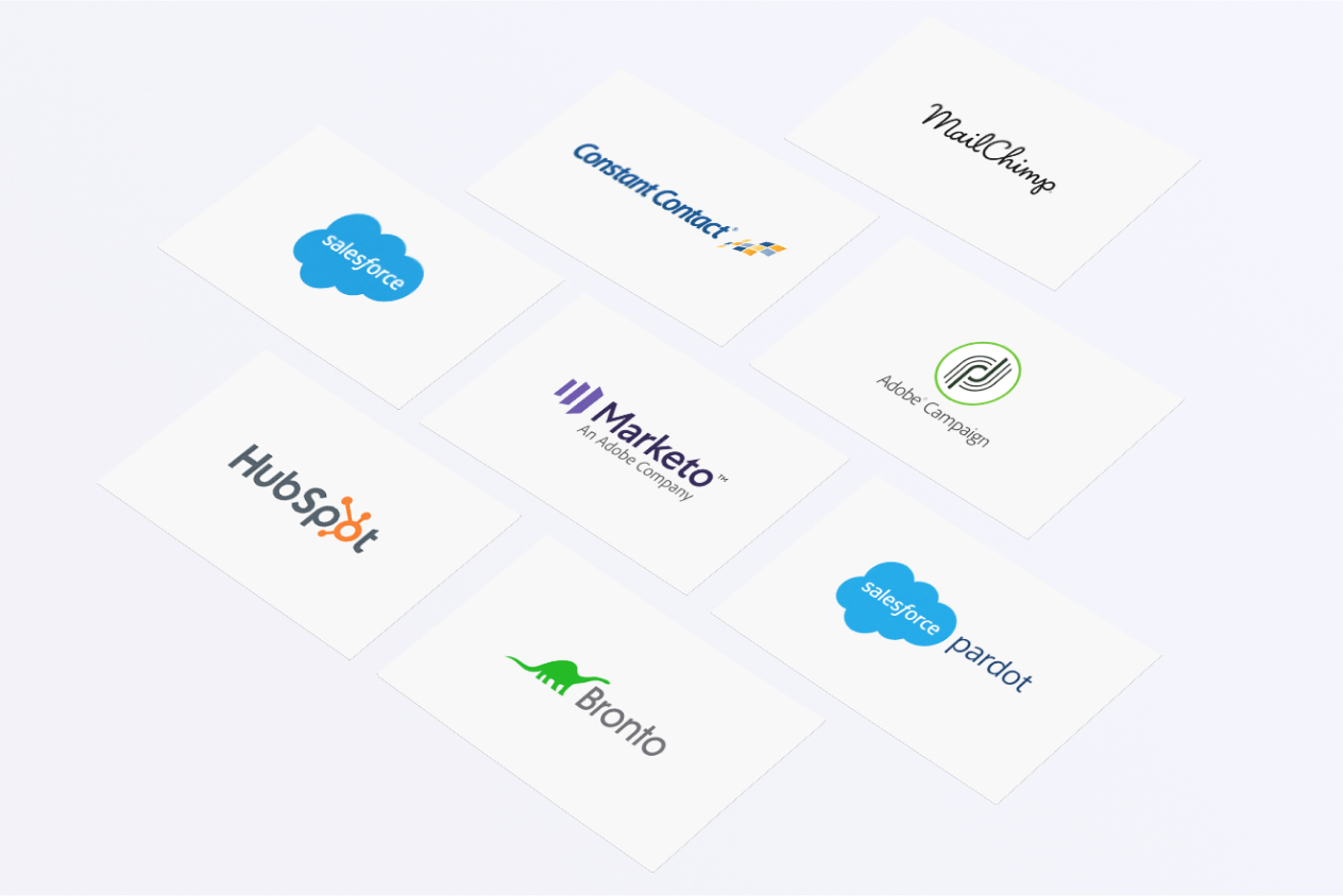 Marketing software logos including MailChimp, Constant Contact, Salesforce, Marketo, Adobe Campaign, HubSpot, Bonlo, and Pardot.