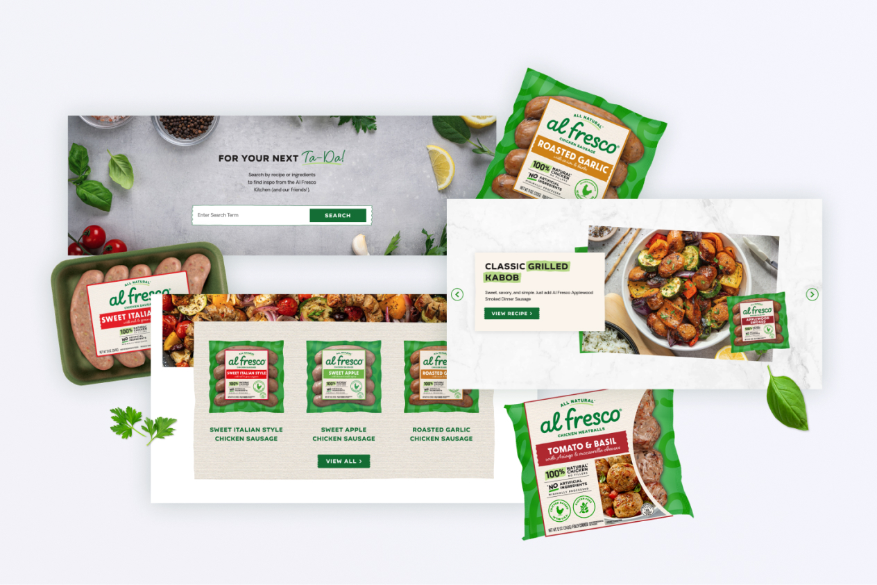 variety of al fresco chicken sausage products on a white background with herbs and vegetables