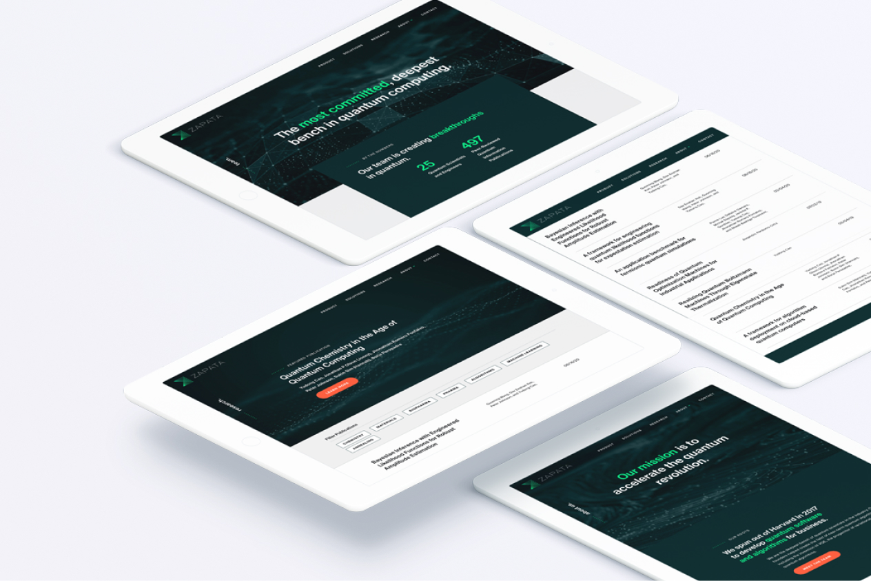 Four white tablets displaying a business consulting website with green and black color scheme, showcasing various sections and statistics.