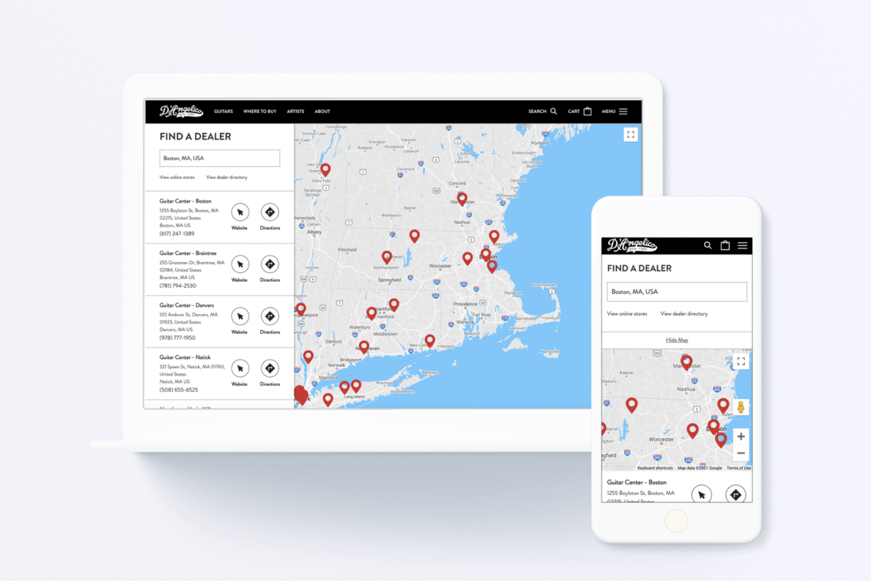 Map interface on laptop and smartphone screens showing dealer locations in the northeastern United States.