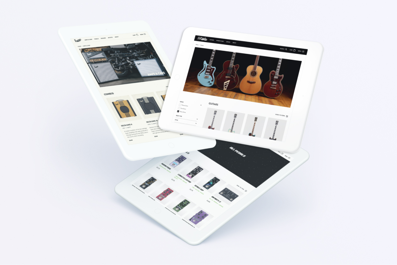 Three tablets displaying different sections of a guitar online store, showcasing electric and acoustic guitars.