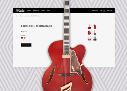 Red Excel EXL-1 Throwback guitar displayed prominently on a website with price and color options shown.