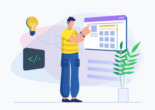 "Illustration of a person designing a website with a browser window, lightbulb, code, and plant nearby."