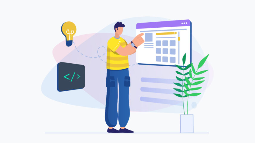 "Illustration of a person designing a website with a browser window, lightbulb, code, and plant nearby."