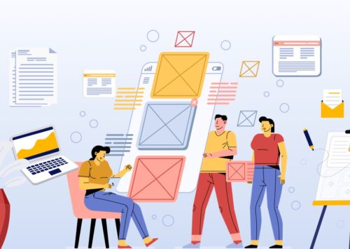 "Team collaborating on a graphic design project with digital devices and sketches floating around in a modern office setting"