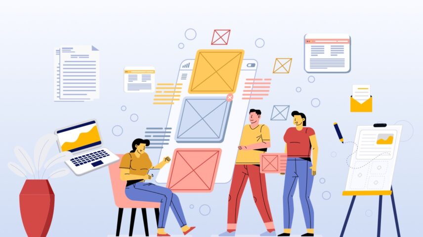 "Team collaborating on a graphic design project with digital devices and sketches floating around in a modern office setting"