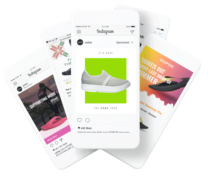 Four smartphones displaying Instagram ads for OOFOS shoes, featuring various shoe designs and promotional messages.