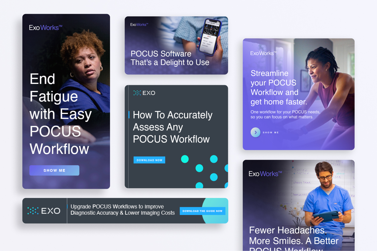 Collection of ExoWorks advertisements promoting POCUS software to streamline workflows and improve diagnostic accuracy for healthcare professionals.