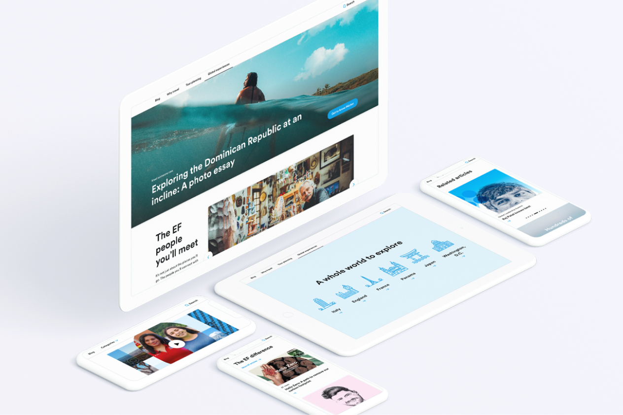 Various digital devices displaying a website with travel content, graphs, and images of people on white background.