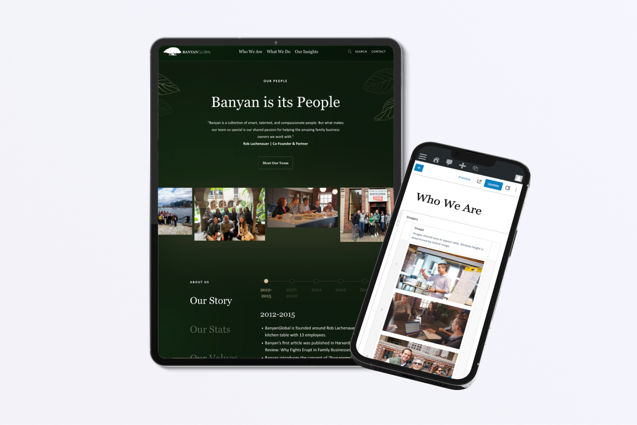 Tablet displaying company webpage and smartphone showing "Who We Are" section on a white background
