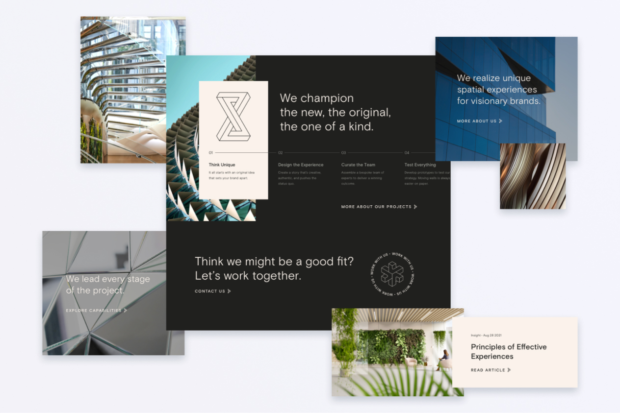 Collage of project presentations and architecture designs showcasing modern, innovative, and visionary branding concepts