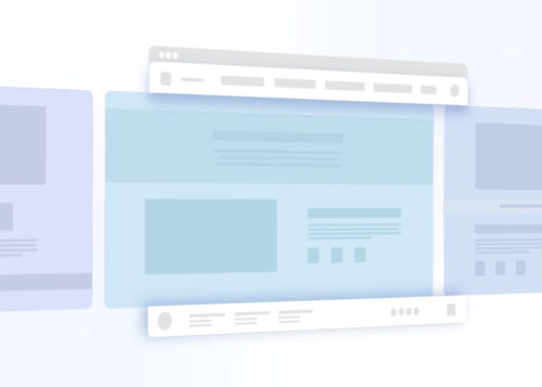"Illustration of a software interface with multiple overlapping web pages in a modern, minimalistic design."