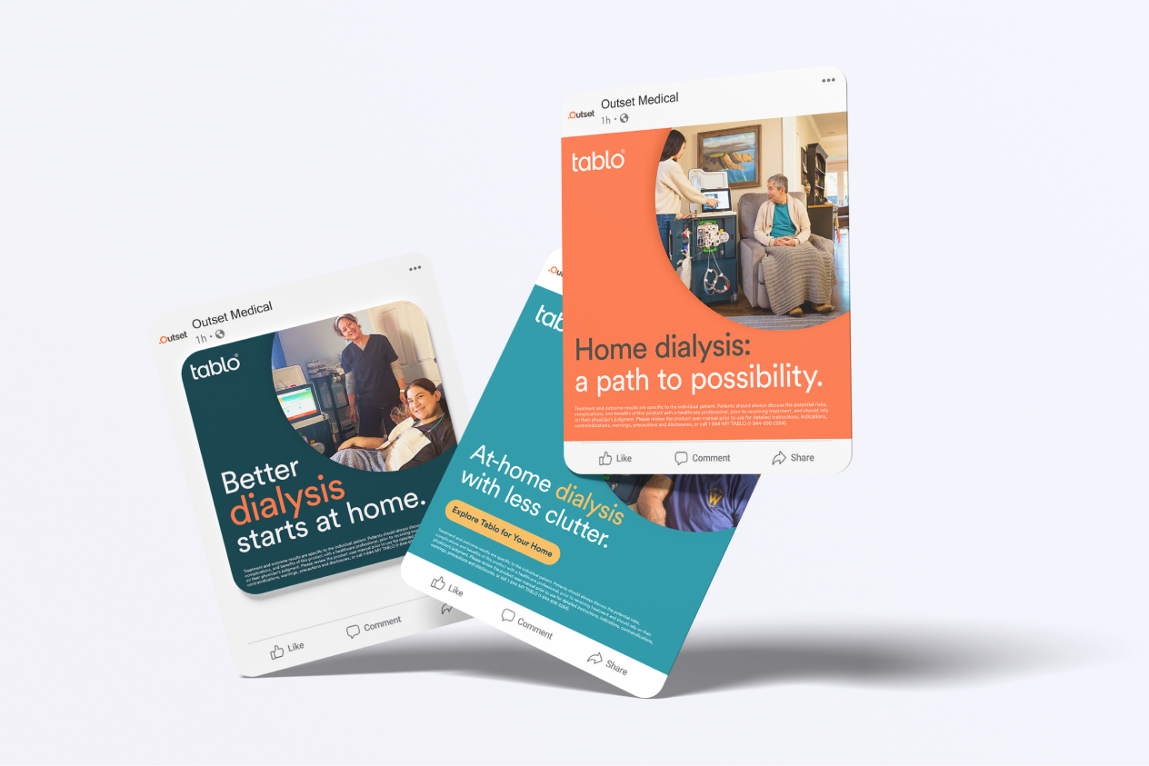 Three pamphlets showcasing benefits of home dialysis by Outset Medical, featuring the Tablo device and patient experiences.